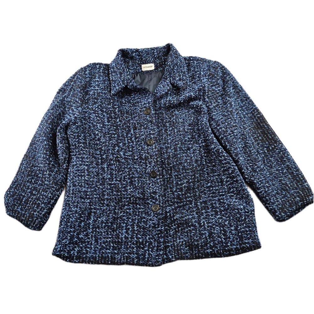 Liz Baker Blazer Jacket Women's Blue Lined Tweed Bouclé Collared‎ Button Front